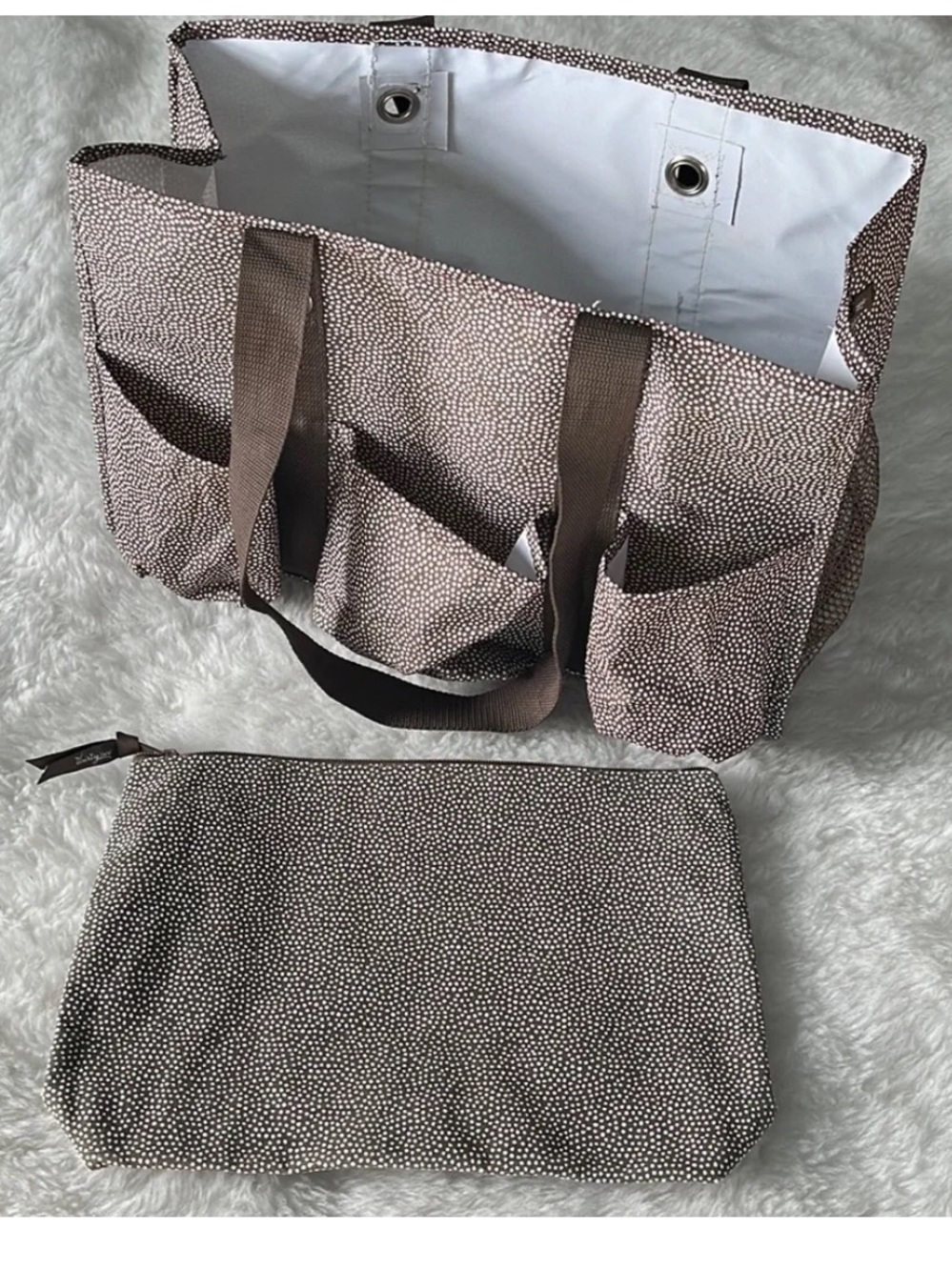 Bundle of Thirty one 31 Organizing tote & zip pouch in brown mini dot pattern